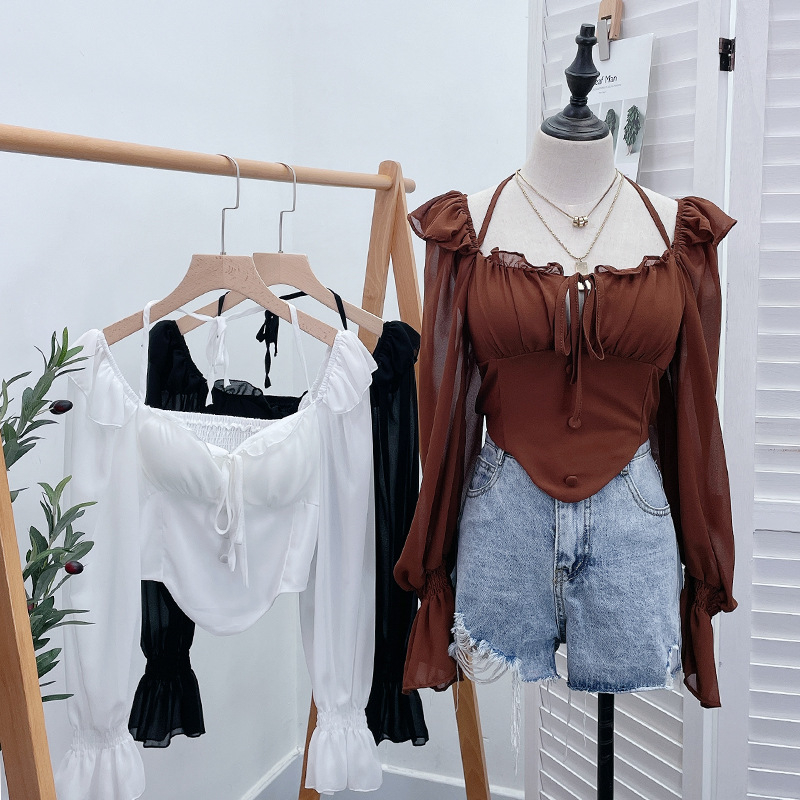 Šifon bluza s jednim ramenom, halter, vezanje špagom, otvorena leđa, dugi rukavi, ultrakrata duljina