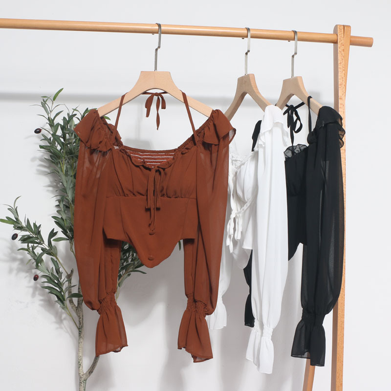 Šifon bluza s jednim ramenom, halter, vezanje špagom, otvorena leđa, dugi rukavi, ultrakrata duljina