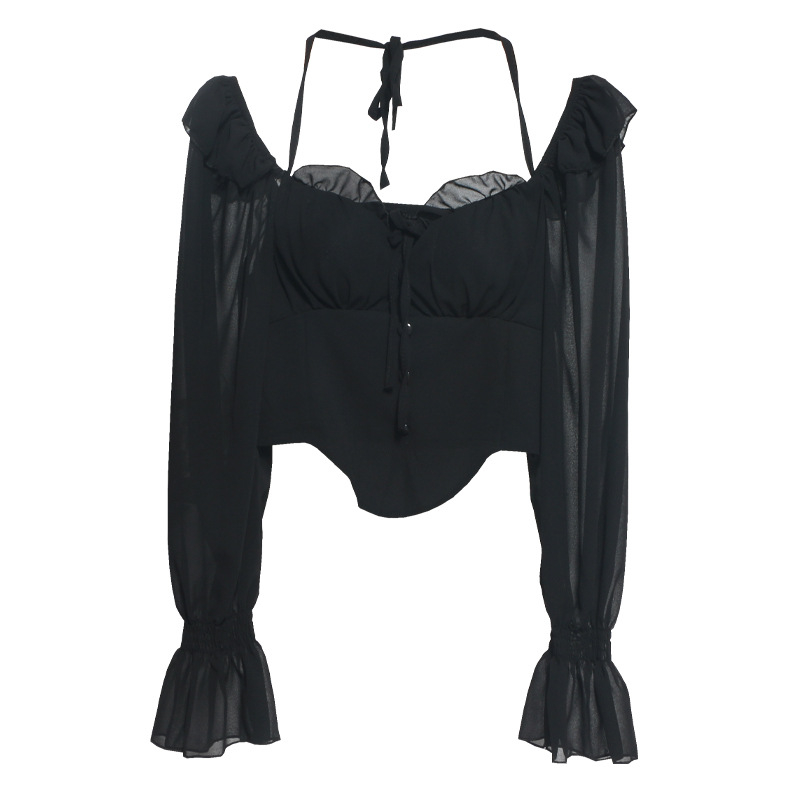 Šifon bluza s jednim ramenom, halter, vezanje špagom, otvorena leđa, dugi rukavi, ultrakrata duljina