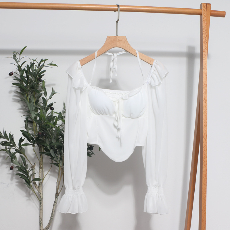 Šifon bluza s jednim ramenom, halter, vezanje špagom, otvorena leđa, dugi rukavi, ultrakrata duljina
