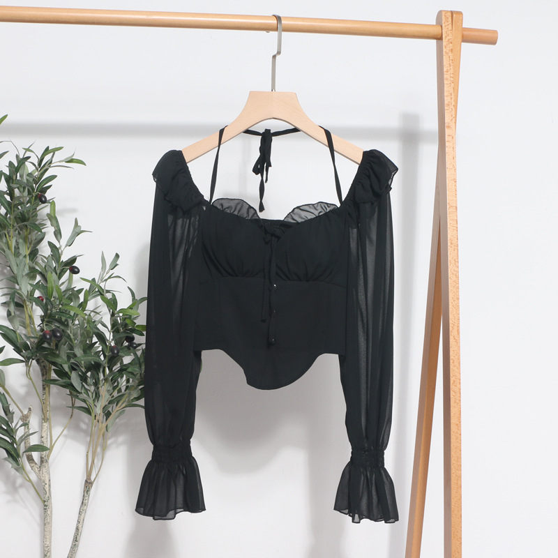 Šifon bluza s jednim ramenom, halter, vezanje špagom, otvorena leđa, dugi rukavi, ultrakrata duljina