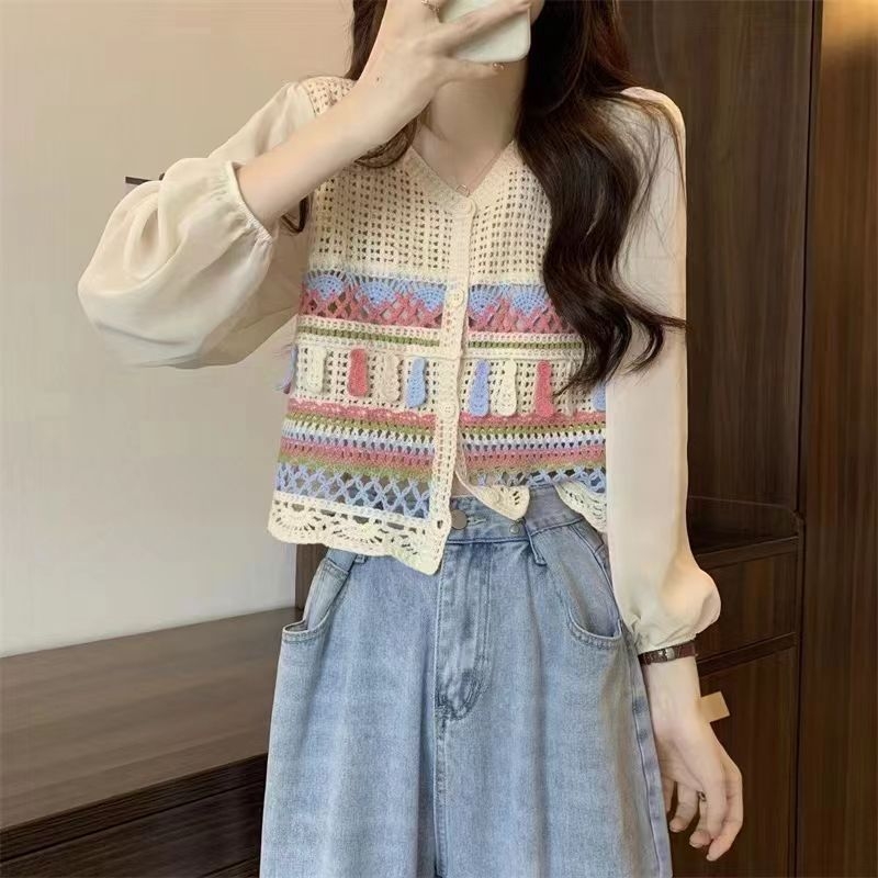 Boemski etnički pleteni top za žene – V-izrez, spuštena ramena, slobodan kroj, mješavina poliestera i spandeksa (Poliester-Spandeks mješavina; V-izrez; spuštena ramena; slobodan kroj; proljeće 2025)