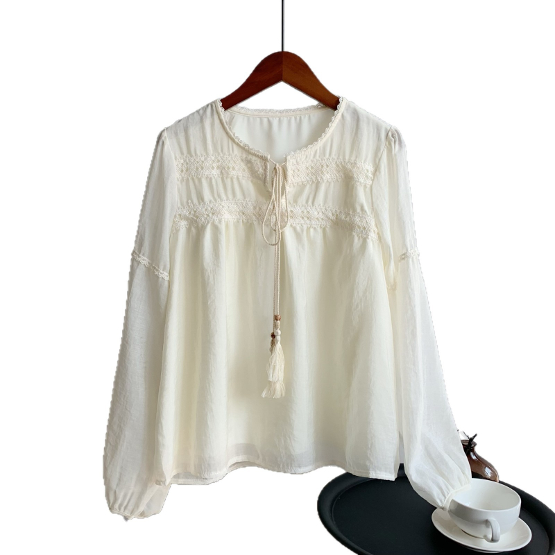 Bluza s patchworkom u retro stilu, dugi rukavi, okrugli ovratnik, poliester