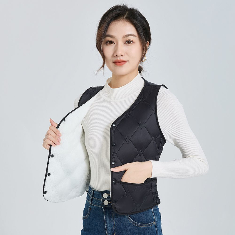 Женска жилетка с V-образно деколте, флийс, тясна кройка, зима 2025, Rayon плат 95%+