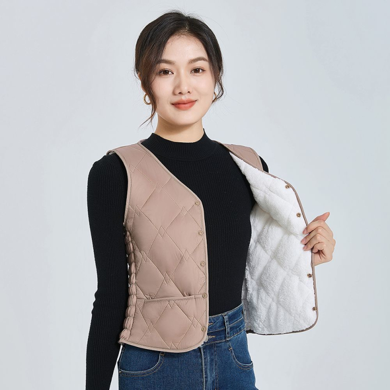 Женска жилетка с V-образно деколте, флийс, тясна кройка, зима 2025, Rayon плат 95%+