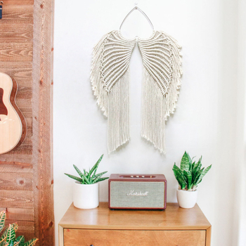 Νορδικού στυλ, χειροποίητος υφαντός γοβλέν από βαμβάκι για τον τοίχο με φτερά αγγέλου, ορθογώνιο σχήμα, μονόχρωμο μοτίο