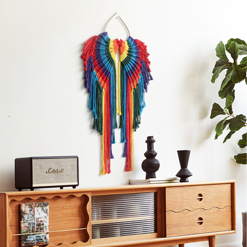 Νορδικού στυλ, χειροποίητος υφαντός γοβλέν από βαμβάκι για τον τοίχο με φτερά αγγέλου, ορθογώνιο σχήμα, μονόχρωμο μοτίο