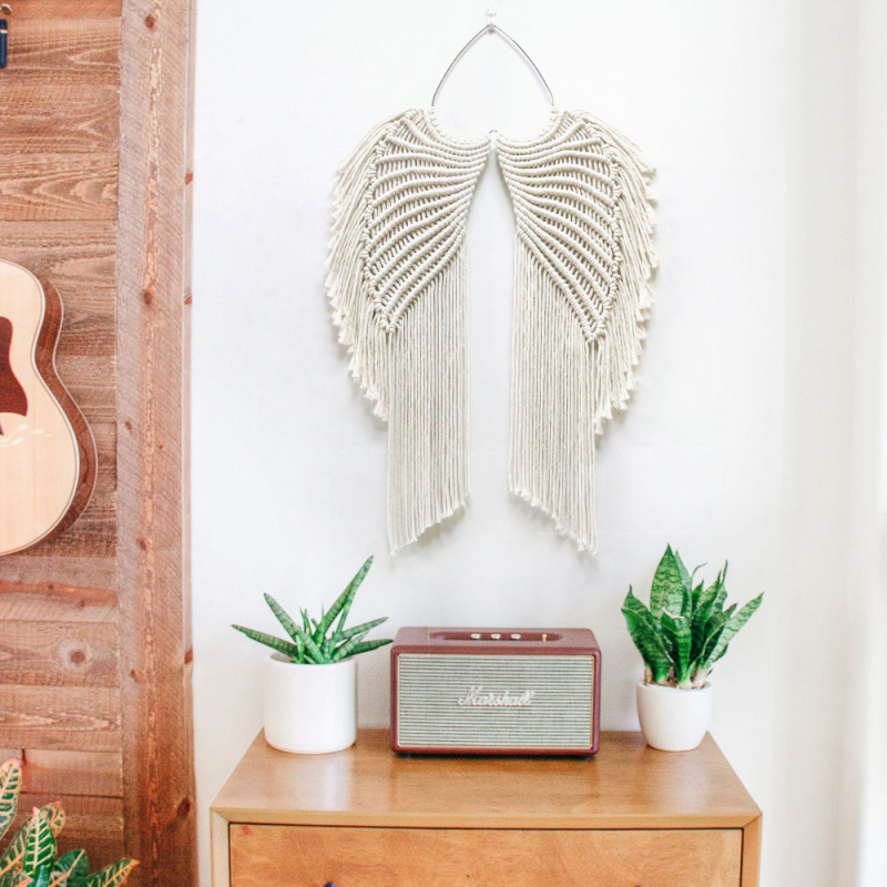 Νορδικού στυλ, χειροποίητος υφαντός γοβλέν από βαμβάκι για τον τοίχο με φτερά αγγέλου, ορθογώνιο σχήμα, μονόχρωμο μοτίο