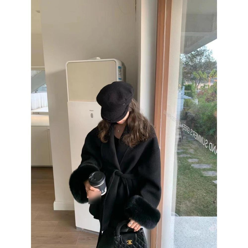 Ženski dvostruki vuneni kaput s rubom od krzna lisice i kopčanjem na vezanje, kratka silueta za jesen-zimu, mala veličina.