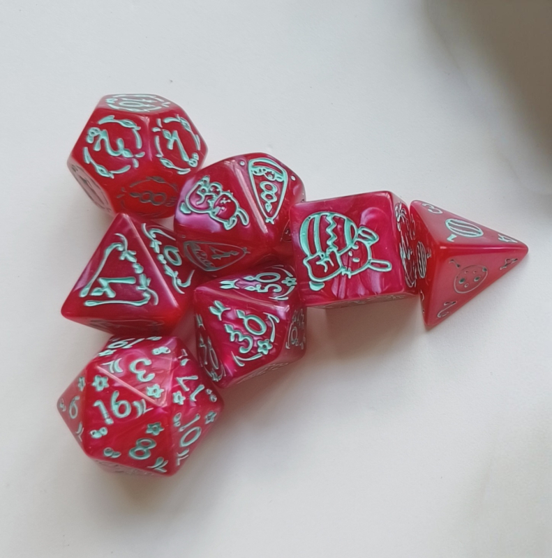 7 darab húsvéti dobókocka készlet nyuszi dizájnnal és patentes többszögű mintázattal D&D társasjátékokhoz