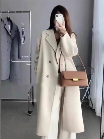 Női középhosszú gyapjúkabát, koreai utcai stílus, vastag anyag 95% poliészter, hosszú ujjú, 65–80 cm hosszúságú