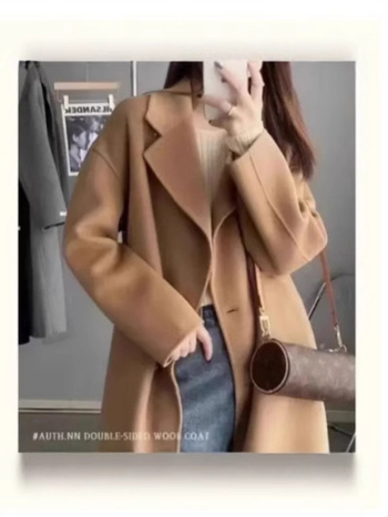 Női középhosszú gyapjúkabát, koreai utcai stílus, vastag anyag 95% poliészter, hosszú ujjú, 65–80 cm hosszúságú