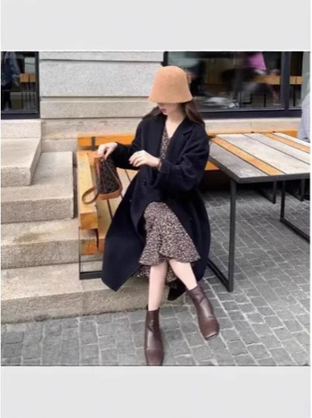 Női középhosszú gyapjúkabát, koreai utcai stílus, vastag anyag 95% poliészter, hosszú ujjú, 65–80 cm hosszúságú