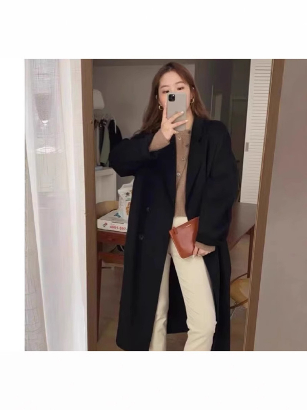 Női középhosszú gyapjúkabát, koreai utcai stílus, vastag anyag 95% poliészter, hosszú ujjú, 65–80 cm hosszúságú