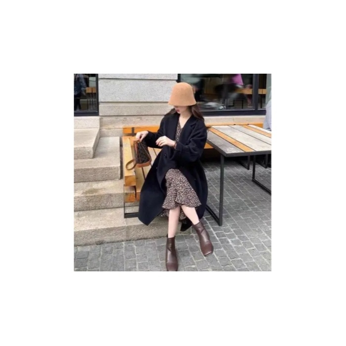 Női középhosszú gyapjúkabát, koreai utcai stílus, vastag anyag 95% poliészter, hosszú ujjú, 65–80 cm hosszúságú