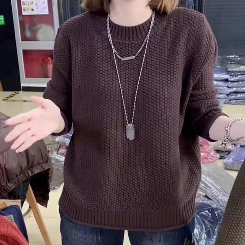 Ženski pleteni džemper - okrugli izrez, dugi rukavi, poliester-akrilna smjesa, ležerni casual kroj