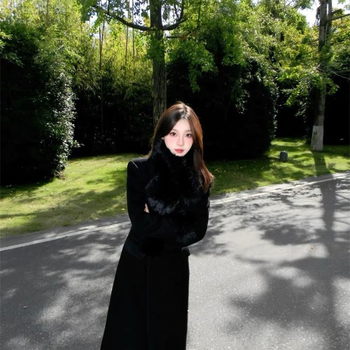 Derékban hangsúlyozott Chenille gyapjúkabát, rövid fazon, 3/4 ujjú, zakós gallér, koreai/japán casual stílus, Spandex <30%