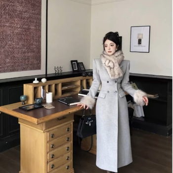 Derékban hangsúlyozott Chenille gyapjúkabát, rövid fazon, 3/4 ujjú, zakós gallér, koreai/japán casual stílus, Spandex <30%