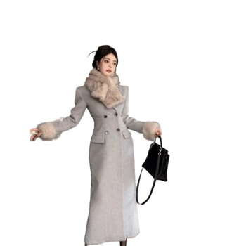 Derékban hangsúlyozott Chenille gyapjúkabát, rövid fazon, 3/4 ujjú, zakós gallér, koreai/japán casual stílus, Spandex <30%