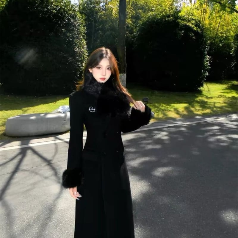 Derékban hangsúlyozott Chenille gyapjúkabát, rövid fazon, 3/4 ujjú, zakós gallér, koreai/japán casual stílus, Spandex <30%