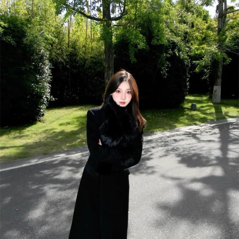 Derékban hangsúlyozott Chenille gyapjúkabát, rövid fazon, 3/4 ujjú, zakós gallér, koreai/japán casual stílus, Spandex <30%