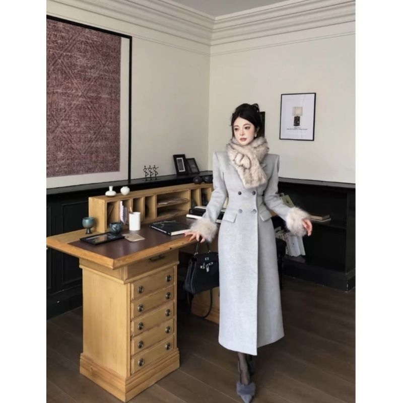 Derékban hangsúlyozott Chenille gyapjúkabát, rövid fazon, 3/4 ujjú, zakós gallér, koreai/japán casual stílus, Spandex <30%