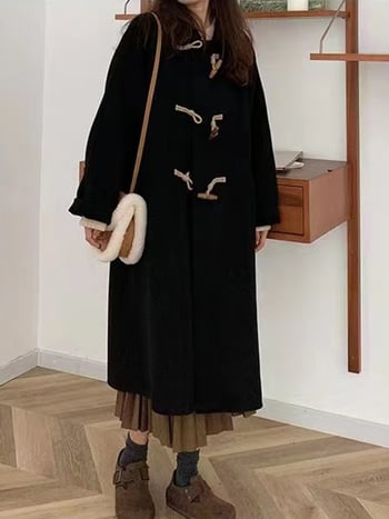 Ženski vuneni kaput u japanskom stilu s gumbima od roga, srednja debljina, srednja duljina, dugi rukavi