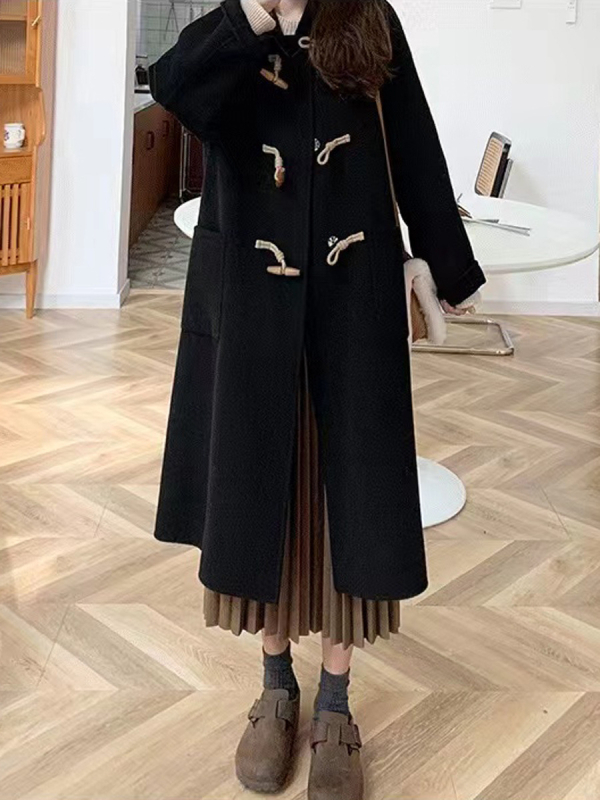 Ženski vuneni kaput u japanskom stilu s gumbima od roga, srednja debljina, srednja duljina, dugi rukavi