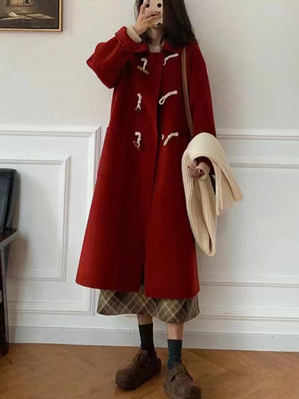 Ženski vuneni kaput u japanskom stilu s gumbima od roga, srednja debljina, srednja duljina, dugi rukavi