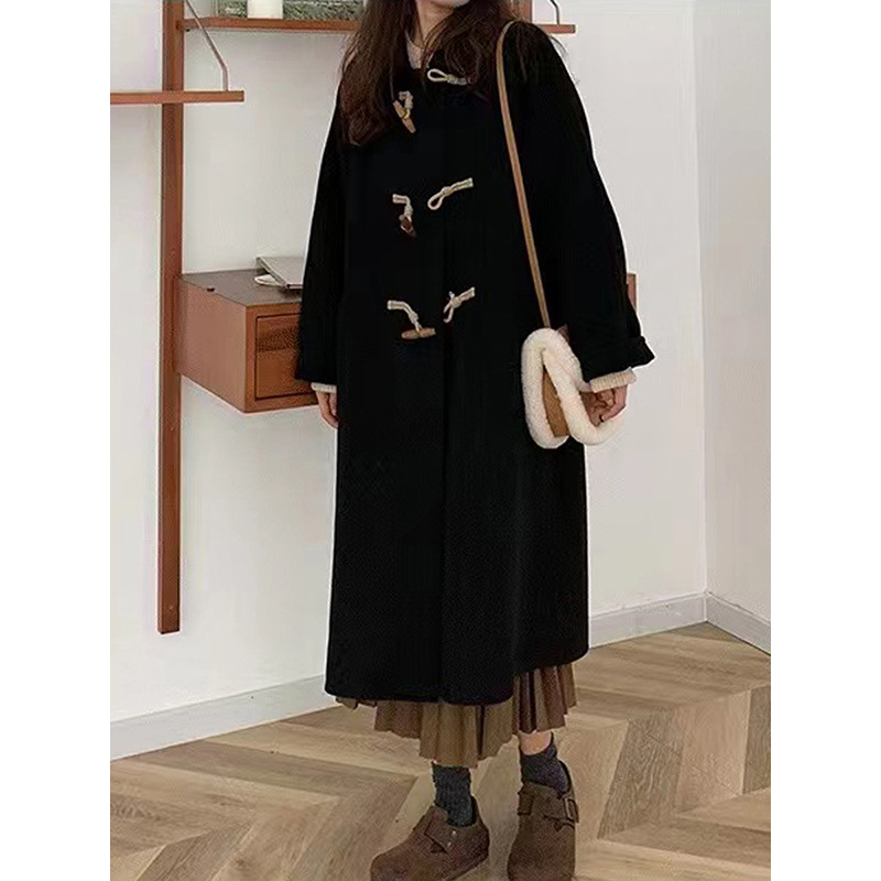 Ženski vuneni kaput u japanskom stilu s gumbima od roga, srednja debljina, srednja duljina, dugi rukavi