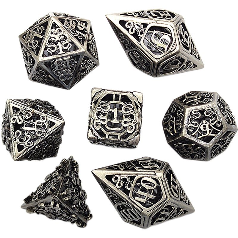 Sárgarézből készült üreges D6 dobókocka készlet — 7 darab, jobb szög stílus, húszoldalú dobókockák, DIY márka