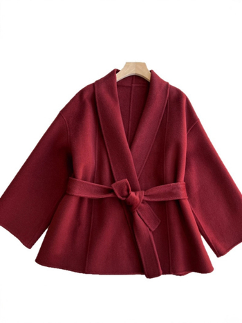 Vuneni kaput s pojasom u struku, dvostrani, V-izrez, dugi rukavi, srednja duljina, opušten kroj, japansko-korejski casual stil