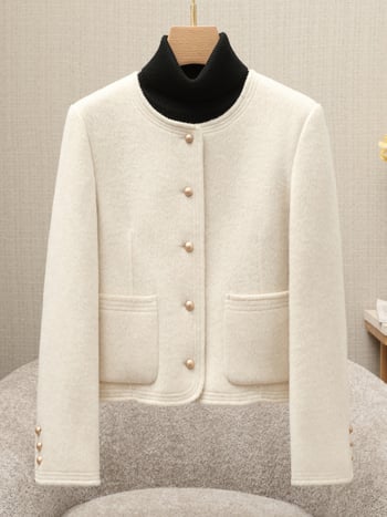 Női gyapjú kabát, elegáns ingázó stílus, kerek nyak, egyrészes gombolás, hossz 50–65 cm