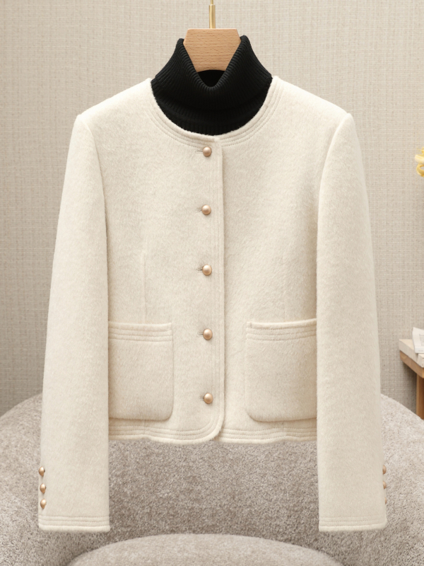 Női gyapjú kabát, elegáns ingázó stílus, kerek nyak, egyrészes gombolás, hossz 50–65 cm