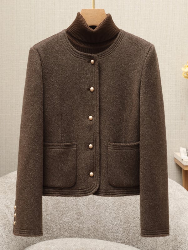 Női gyapjú kabát, elegáns ingázó stílus, kerek nyak, egyrészes gombolás, hossz 50–65 cm