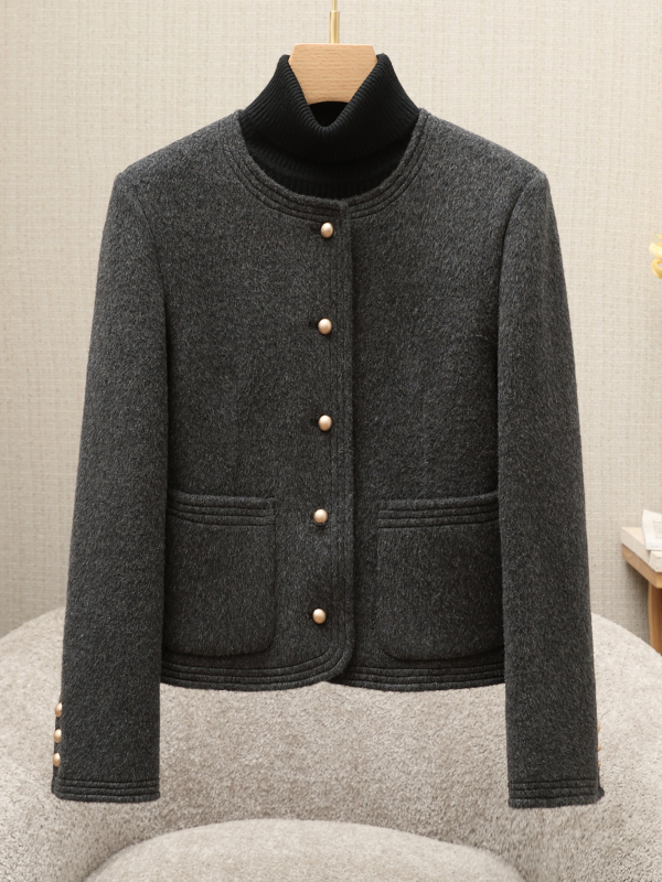 Női gyapjú kabát, elegáns ingázó stílus, kerek nyak, egyrészes gombolás, hossz 50–65 cm