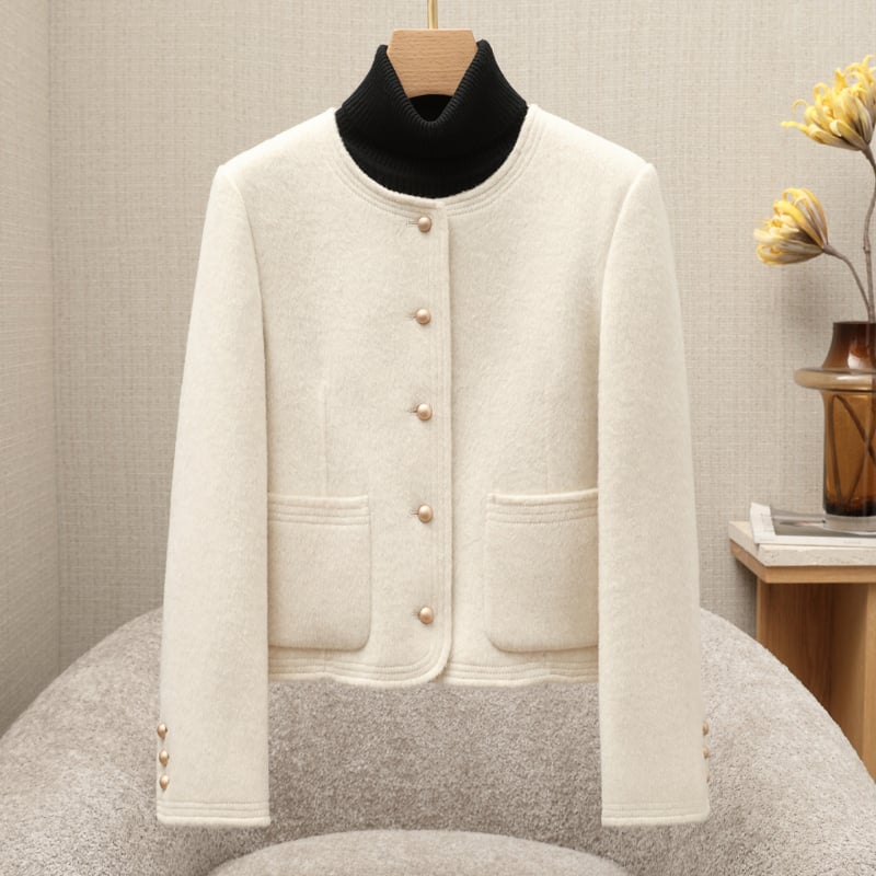 Női gyapjú kabát, elegáns ingázó stílus, kerek nyak, egyrészes gombolás, hossz 50–65 cm