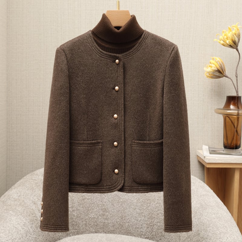 Női gyapjú kabát, elegáns ingázó stílus, kerek nyak, egyrészes gombolás, hossz 50–65 cm