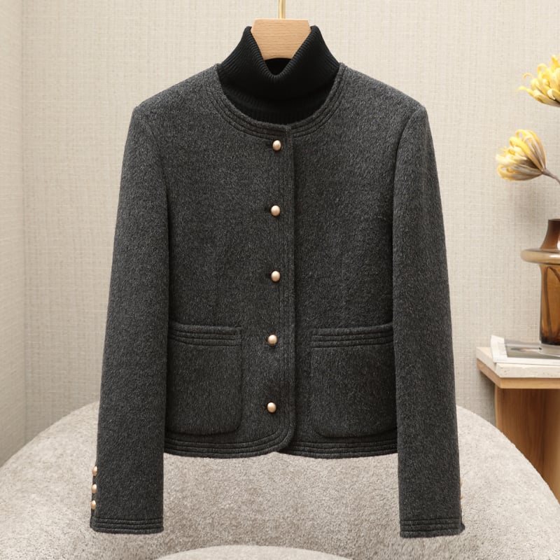 Női gyapjú kabát, elegáns ingázó stílus, kerek nyak, egyrészes gombolás, hossz 50–65 cm