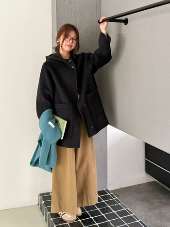 Ženski kaput od ovčje vune s kapuljačom, široki kroj, ručno šivanje, korejski stil