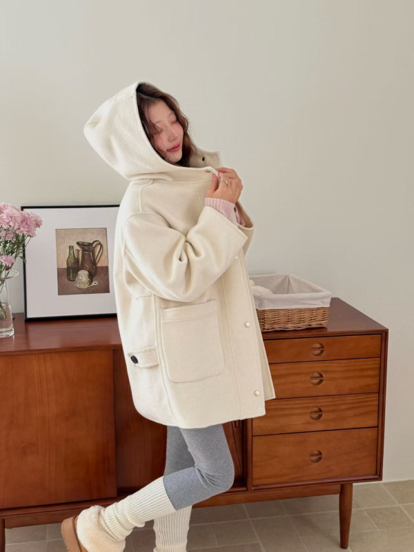 Ženski kaput od ovčje vune s kapuljačom, široki kroj, ručno šivanje, korejski stil