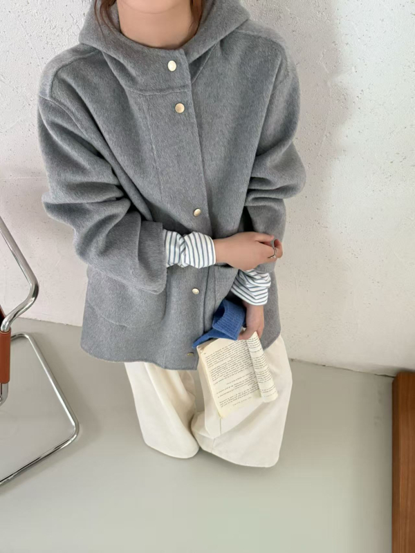 Ženski kaput od ovčje vune s kapuljačom, široki kroj, ručno šivanje, korejski stil