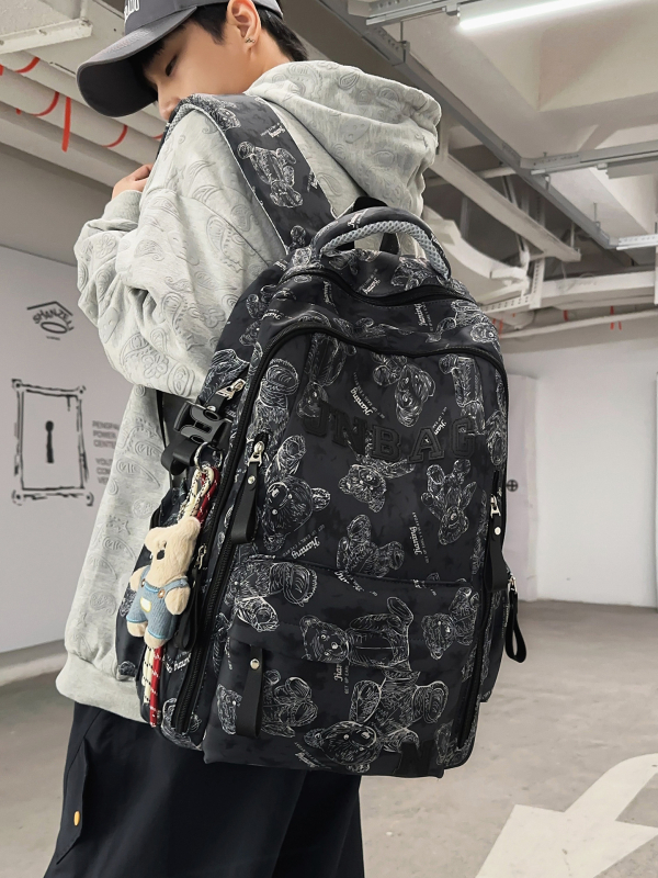 Rucsac unisex din nylon pentru elevi, rezistent la abraziune, stil campus tineret, capacitate mare, căptușeală poliester, model cu animal, curele de umăr curbate.