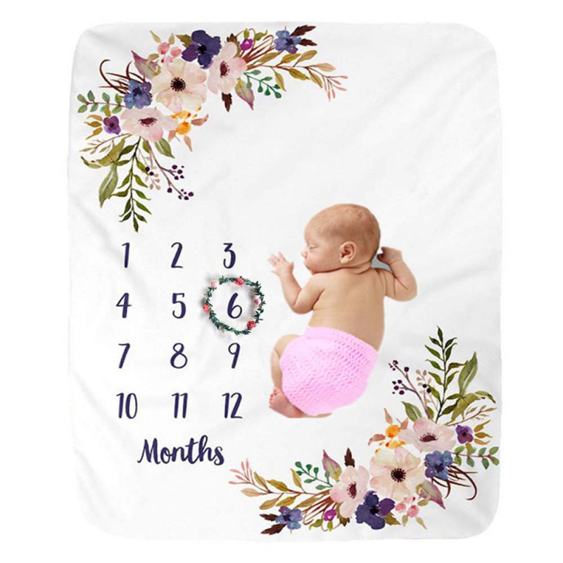 Flanel deka za bebe – milestone, cvjetni uzorak, 160 g poliester, rekvizit za fotografiju