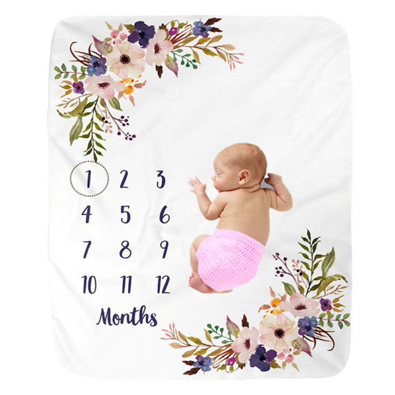 Flanel deka za bebe – milestone, cvjetni uzorak, 160 g poliester, rekvizit za fotografiju