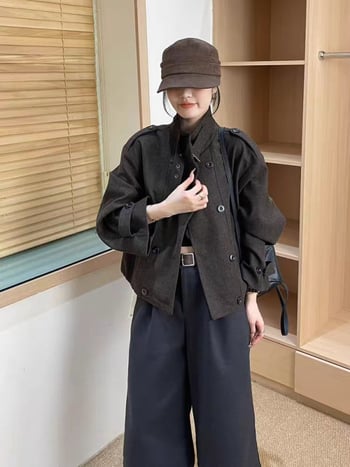 Női gyapjúkabát, koreai stílusú casual, laza szabás, kétsoros gombolás, gyapjú-szálas anyag (50-70% gyapjú, 30-50% poliészter)