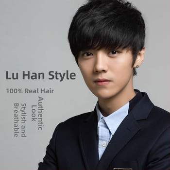 Perucă pentru bărbați, stil coreean, păr natural real, construcție cu mecanism, inspirat de Luhan (2681 rafinat)