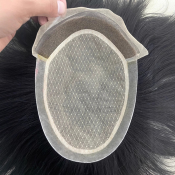 Perucă pentru bărbați – țesătură complet manuală, păr natural, drept, model: fir german, împletire completă cu plasă frontală