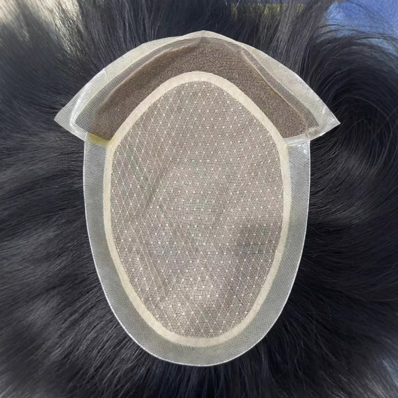 Perucă pentru bărbați – țesătură complet manuală, păr natural, drept, model: fir german, împletire completă cu plasă frontală