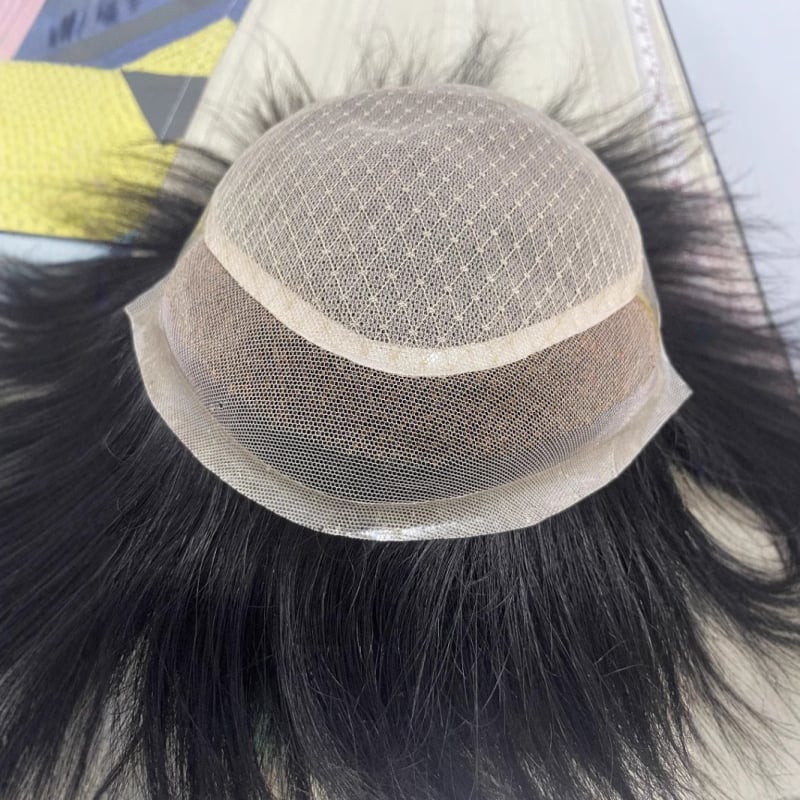 Perucă pentru bărbați – țesătură complet manuală, păr natural, drept, model: fir german, împletire completă cu plasă frontală